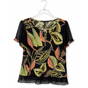 Atelier 29  Womens XL Black Tropical Print Blouse Sheer Sleeve Stretch Top NEW